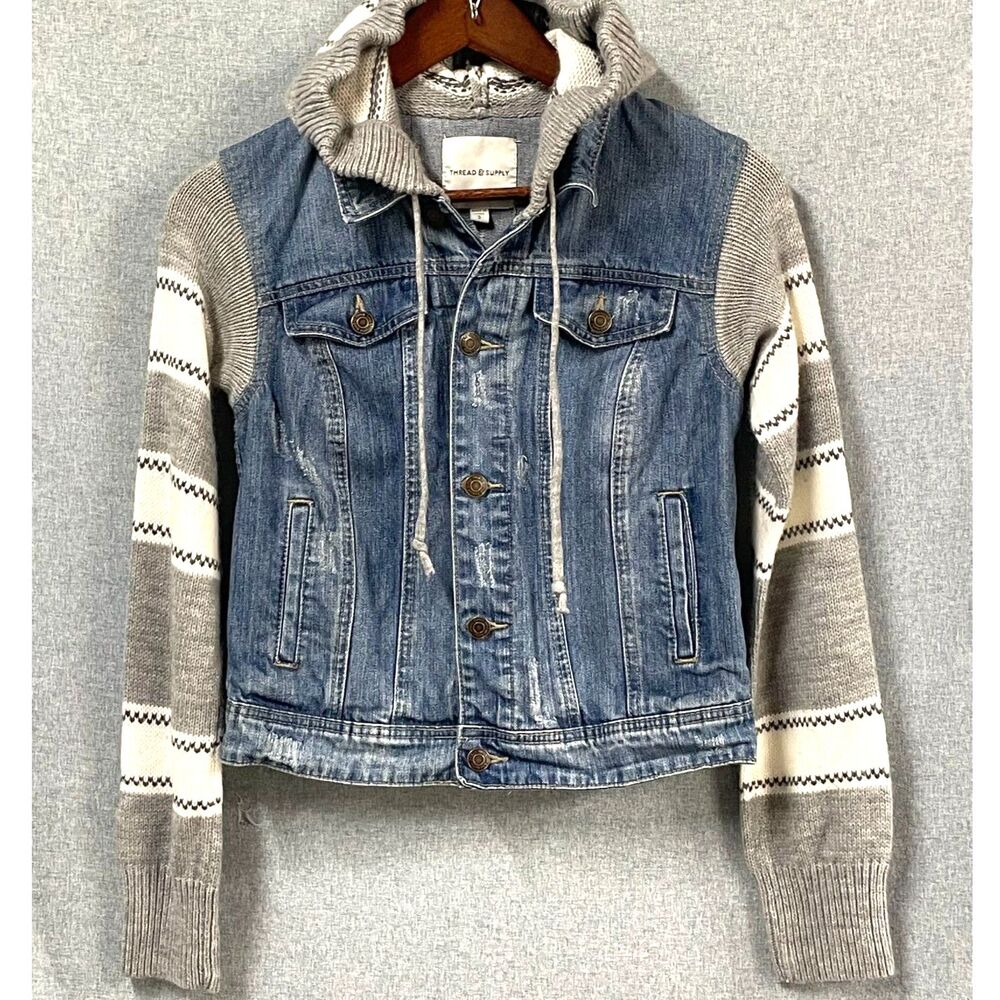 Thread & Supply Small Hooded Denim Jacket Knit Sleeves Distressed Blue